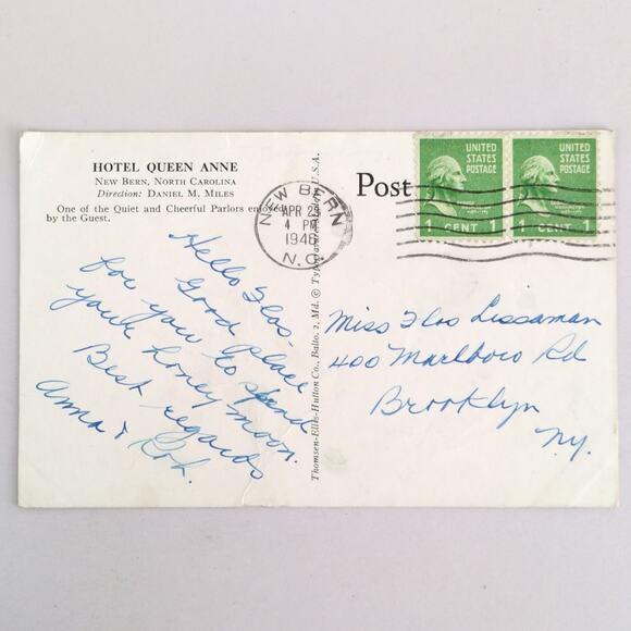 Vintage Postcard 1946 Hotel Queen Anne New Bern North Carolina Parlor Room - Picture 2 of 2